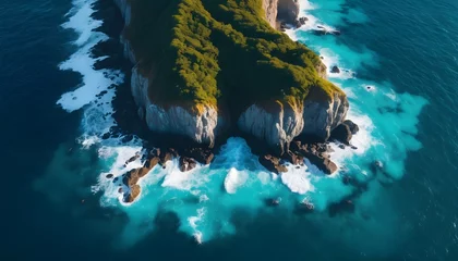 Deurstickers Aerial view of sea waves crashing on rocks cliff in the blue ocean. Top view of coastal rocks in Phuket ocean. Landscape view point of Laem Phromthep Cape in the morning. © Hritcu