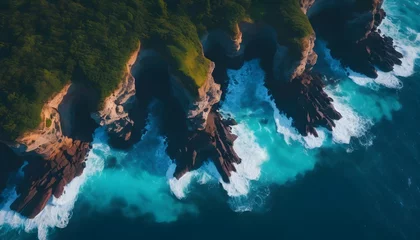Deurstickers Aerial view of sea waves crashing on rocks cliff in the blue ocean. Top view of coastal rocks in Phuket ocean. Landscape view point of Laem Phromthep Cape in the morning. © Hritcu