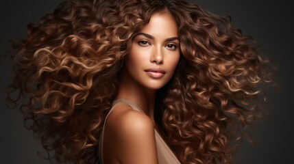 Fototapeta premium Beautiful model with shiny, smooth, healthy curly hair and glowing tan skin - natural beauty care