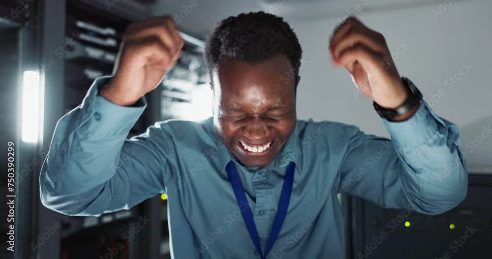 Poster face, server room and black man with celebration, excited and smile with internet and tech. portrait