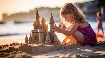 Foto op Plexiglas A little girl is building a sand castle on the beach. A carefree childhood, the concept of happiness. © Cherkasova Alie