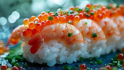 Sushi with prawns, red caviar and green onions