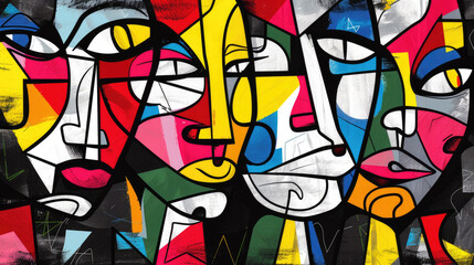 Abstract black and white cubist face mixed with red, blue, yellow, green and pink, retro colors. Illustration for creative design