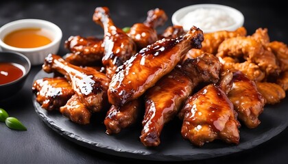 Baked chicken wings with sweet chili sauce in a plate.  Isolated, white background. - obrazy, fototapety, plakaty