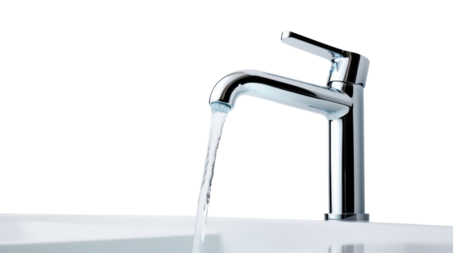 Faucet with water drop close up isolated on transparent a white background 