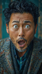 Very surprised expression, 40-year-old Japanese businessman, Okinawa, close-up