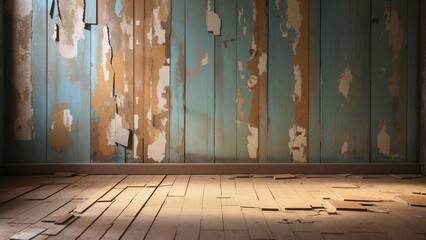 A room with a wooden floor and a wall with peeling paint.