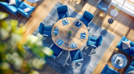 Aerial View of Modern Meeting Room with Blue Chairs