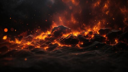 Abstract background featuring fiery black sky with flame and smoke - obrazy, fototapety, plakaty