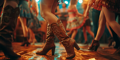Country line dancers zoomed in on boots and legs
 - obrazy, fototapety, plakaty