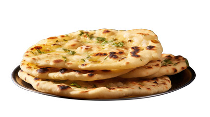 Indian naan bread with garlic and butter isolated on transparent a white background