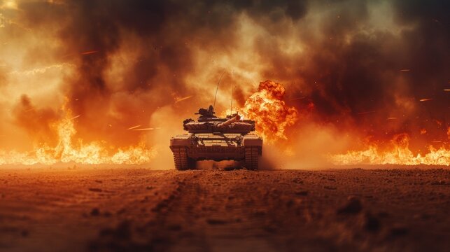 An epic invasion war scene with fire and the desert and armored tanks crossing a minefield. Wide poster design with copy space.