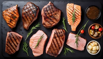 Barbecue grilled steaks - salmon, beef rib eye and turkey breast fillet Isolated on white background, top view