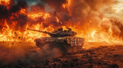 An epic invasion war scene with fire and the desert and armored tanks crossing a minefield. Wide poster design with copy space.