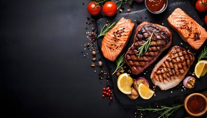 Barbecue grilled steaks - salmon, beef rib eye and turkey breast fillet Isolated on white background, top view - obrazy, fototapety, plakaty
