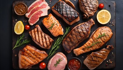 Barbecue grilled steaks - salmon, beef rib eye and turkey breast fillet Isolated on white background, top view - obrazy, fototapety, plakaty