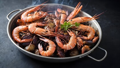 BBQ roasted Giant shrimps Langoustine on grill with herbs. Isolated on white background. - obrazy, fototapety, plakaty