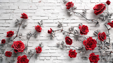 brick wall decorated with red roses 