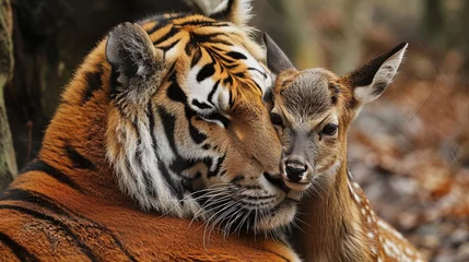 Rolgordijnen Tiger hugs roe deer in the wild, predator with herbivores together © Anna Zhuk