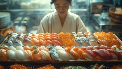 Woman Displaying Fresh Assorted Sushi in Japanese Restaurant