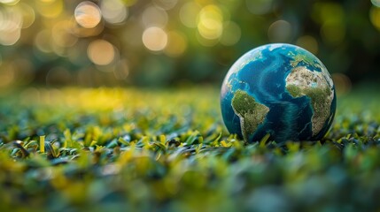 Obraz na płótnie Canvas Earth globe on green grass with bokeh background, save earth concept