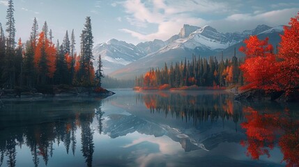 Majestic mountains and vibrant fall foliage reflected in a pristine lake. capture the beauty of nature. - obrazy, fototapety, plakaty