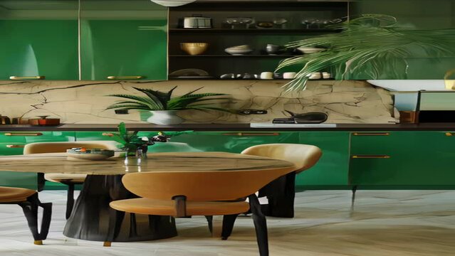 Modern Kitchen In Green Color With Dining Table And Chairs