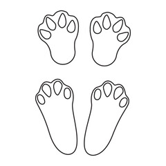 Wet or mud bunny feet prints. Rabbit paw silhouette stamps. Trace of steps of running or walking hare isolated on white background. Vector file illustration.