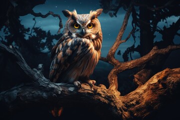 Owl perched on an ancient oak tree at twilight. Ai generated