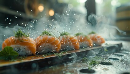Obraz na płótnie Canvas Sushi rolls on a wooden board in a restaurant, close-up