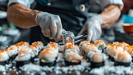 Chef skillfully decorating sushi in professional kitchen