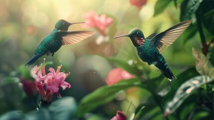 Hummingbirds in the Cloud Forest. Breathtaking close-up of hummingbirds in tropical foliage.