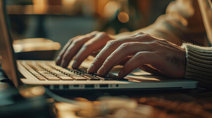 A person is typing on a laptop computer. Concept of productivity and focus, as the person is engaged in a task that requires concentration. The laptop is open and positioned on a desk - obrazy, fototapety, plakaty