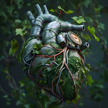 Artificial heart concept image of a mechanical heart intertwined with natural vines