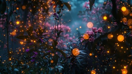 Enchanted Firefly Garden. Midnight stroll through a magical garden adorned with shimmering fireflies, revealing hidden wonders. - obrazy, fototapety, plakaty