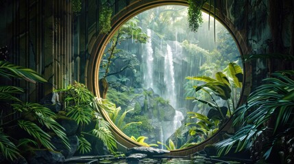Rainforest Stream View. A circular window frames a verdant rainforest, perfect for immersive...