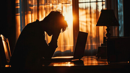 A man is sitting at a desk with a laptop in front of him. He is looking at the screen with a sad expression on his face