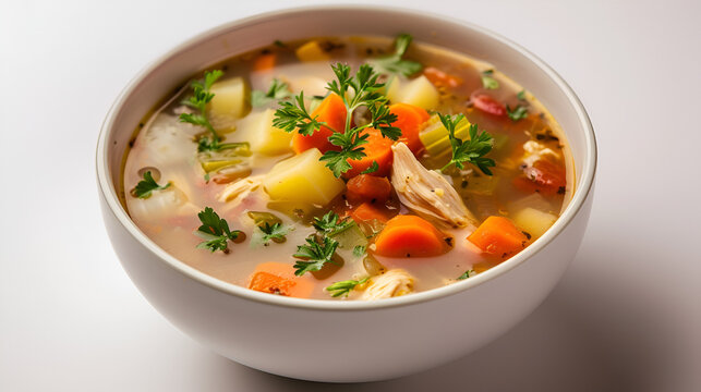 Homemade chicken vegetable soup in a white bowl,. generative ai 