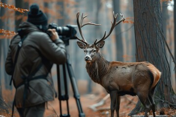 Photographer and deer in the forest