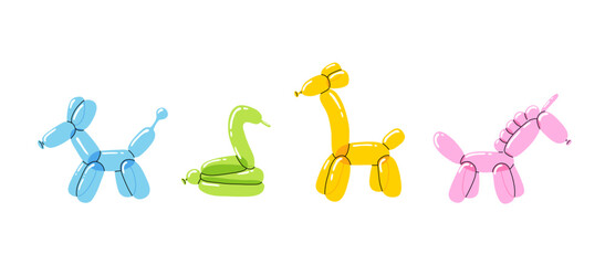 Various balloon animals collection. Festive set of inflatable dog, snake, unicorn, giraffe shapes. Birthday celebration party. Fancy abstract characters isolated vector
