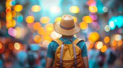 Fototapeta premium Asian woman traveler exploring city at night