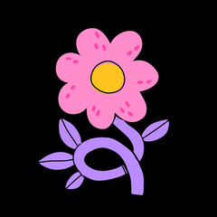 Vector illustration with abstract cute spring flower and leaves in flat cartoon style. Kids design, for fabric, wrapping, textile, wallpaper