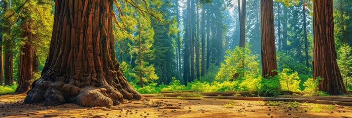 Sequoia Tree, Giant Pine in Nature Forest, Redwood Park with Sequoia Tree, Copy Space - obrazy, fototapety, plakaty