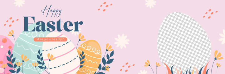 Happy Easter, Colorful eggs with flowers for banner, poster on transparent background, flat vector illustrations - obrazy, fototapety, plakaty
