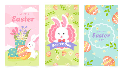 Happy Easter Set of Sale banners, greeting cards, posters, holiday covers. Trendy design with typography, hand painted plants, dots, eggs and bunny, in pastel colors. flat vector illustrations