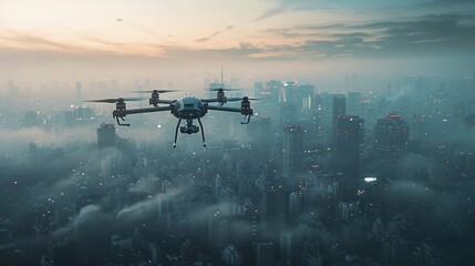A futuristic manned drone flying in the sky over a modern city for future air transportation and robotaxi concept as a wide banner with copy space - obrazy, fototapety, plakaty
