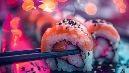 Zelfklevend Fotobehang Sushi roll japanese food with chopsticks on blurred background © Meow Creations