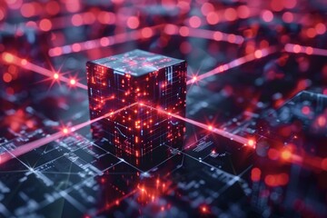 Red glowing cube with dynamic network connections, representing concepts of data storage and digital information systems.