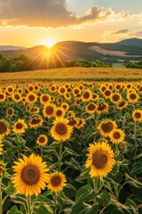 Fototapeta premium Sunflower Field Landscape, Panoramic Sun Flowers Farm, Sunflowers Wow Landscape