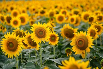 Obraz premium Sunflower Field Landscape, Panoramic Sun Flowers Farm, Sunflowers Wow Landscape